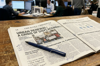 Newspaper pages with handwritten notes about urban renewal and community infrastructure on a wooden desk with a pen and a busy newsroom background