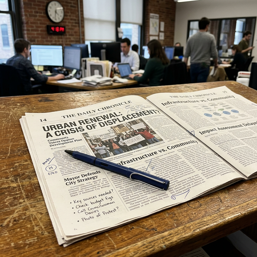 Newspaper pages with handwritten notes about urban renewal and community infrastructure on a wooden desk with a pen and a busy newsroom background